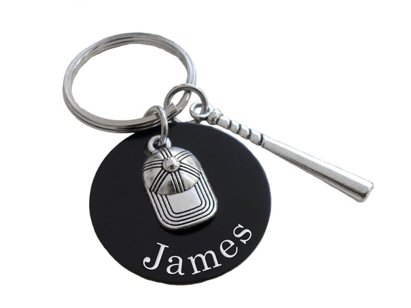 Baseball Cap & Bat Charm Keychain with Custom Engraved Black Aluminum Disc, Personalized For Softball or Baseball Player or Coach by JewelryEveryday