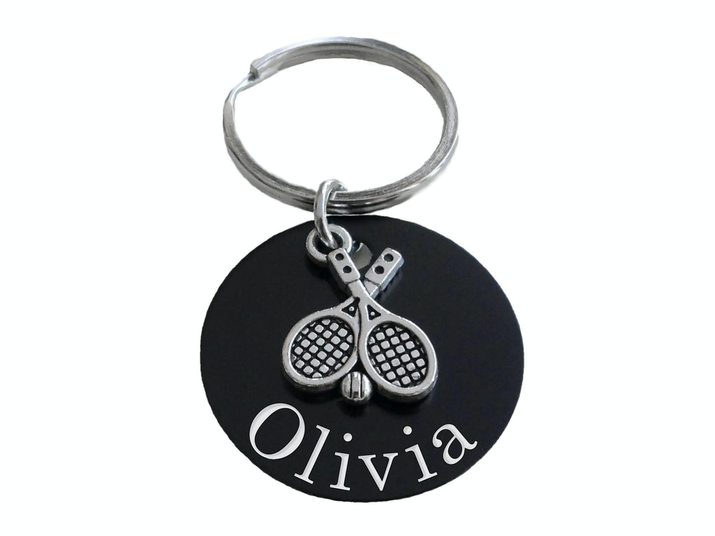 Tennis Racquets Charm Keychain with Custom Engraved Aluminum Disc, For Student or Coach by JewelryEveryday