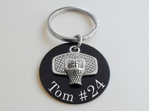 Basketball Hoop Charm Keychain with Custom Engraved Black Aluminum Disc with Clasp, For Graduate, School Team Player or Coach Gift by JewelryEveryday