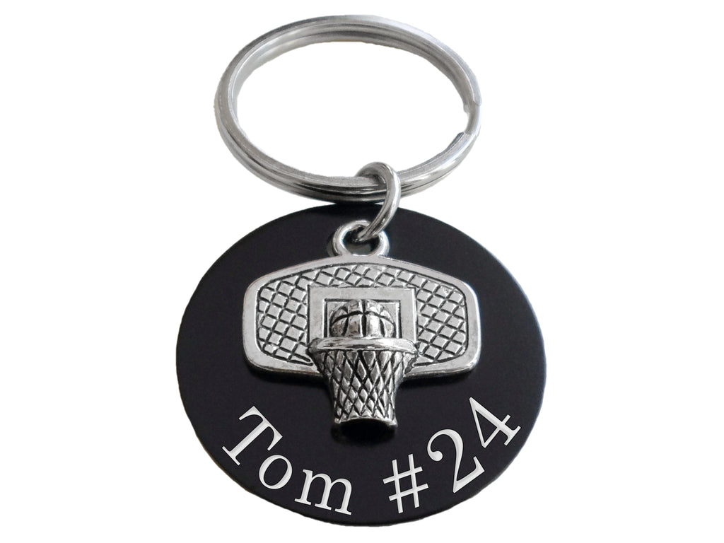 Basketball Hoop Charm Keychain with Custom Engraved Black Aluminum Disc with Clasp, For Graduate, School Team Player or Coach Gift by JewelryEveryday