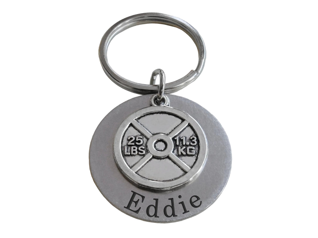 Weight Charm Keychain with Custom Engraved Disc, Fitness & Exercise Encouragement Keychain by JewelryEveryday