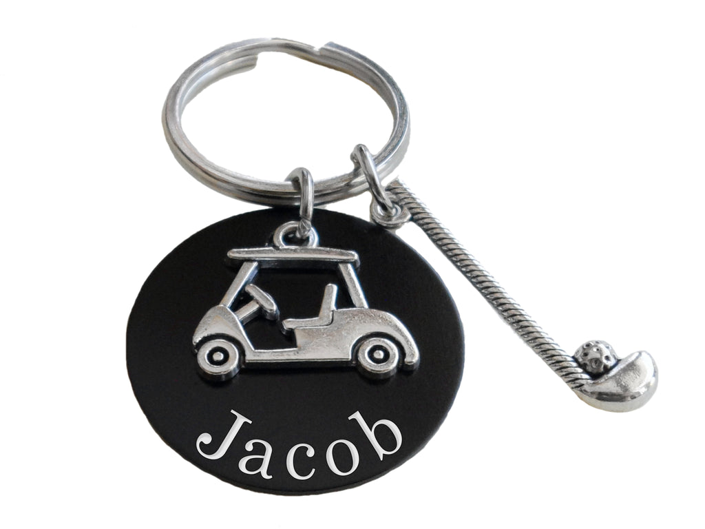 Golf Keychain with Golf Club & Golf Cart Charm & Custom Engraved Black Aluminum Disc, Golfer or Coach Keychain by JewelryEveryday