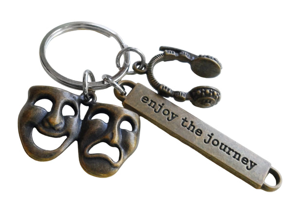 Bronze Theatre Masks Charm Keychain with Headset Charm & Enjoy the Journey Tag, Tragedy Comedy Drama Keychain, For Graduation Actors by JewelryEveryday