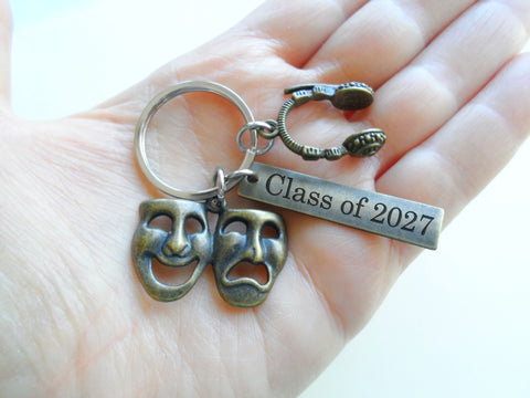 Bronze Acting Charm Keychain with Drama Mask Charm, Headset Charm, and Custom Engraved Tag, Director, Videographer, or Actor Keychain by JewelryEveryday