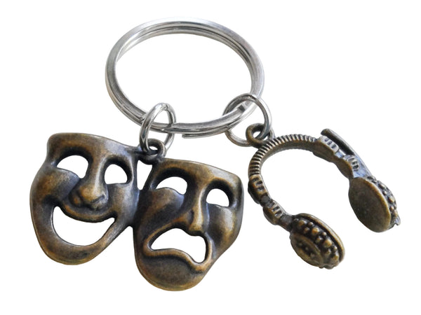 Bronze Theatre Masks Charm Keychain with Headset Charm, Tragedy Comedy Drama Keychain, For Graduation Actors by JewelryEveryday