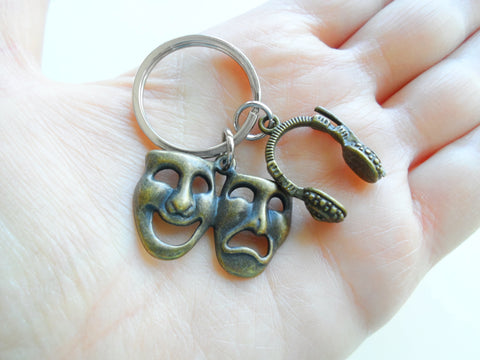 Bronze Theatre Masks Charm Keychain with Headset Charm, Tragedy Comedy Drama Keychain, For Graduation Actors by JewelryEveryday