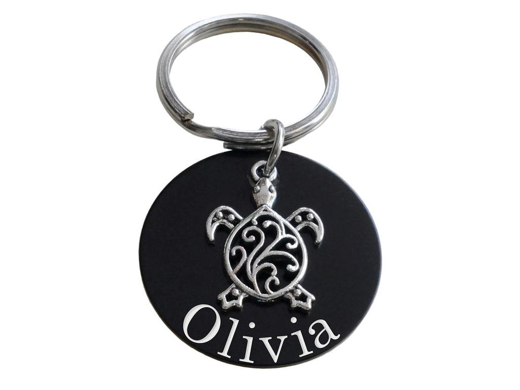 Turtle Charm Over Aluminum Disc Keychain with Custom Engraving by JewelryEveryday
