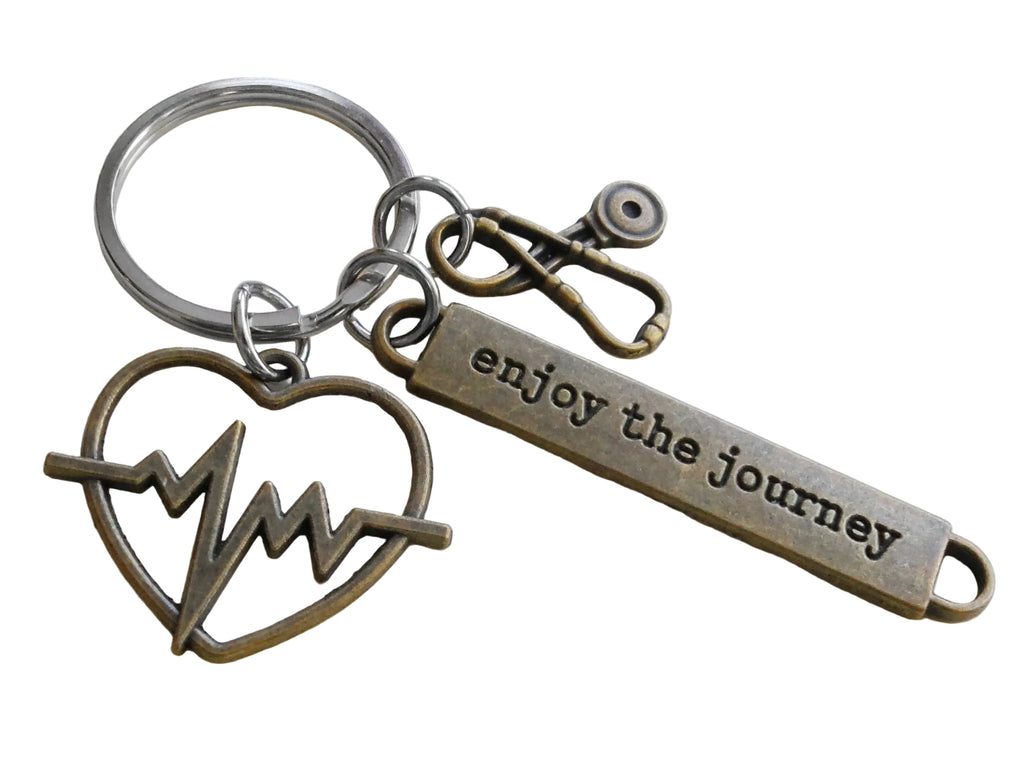 Bronze Heartbeat Medical Charm Keychain with Stethoscope Charm and Enjoy the Journey Tag, Doctor Office, Hospital Staff Thank you Gift by JewelryEveryday
