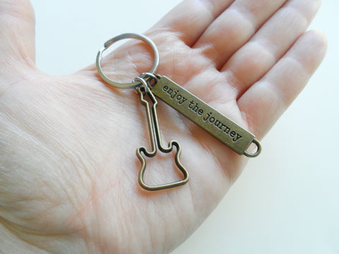 Bronze Guitar Charm Keychain with "Enjoy the Journey" Tag, Musician or Music Teacher Keychain by JewelryEveryday