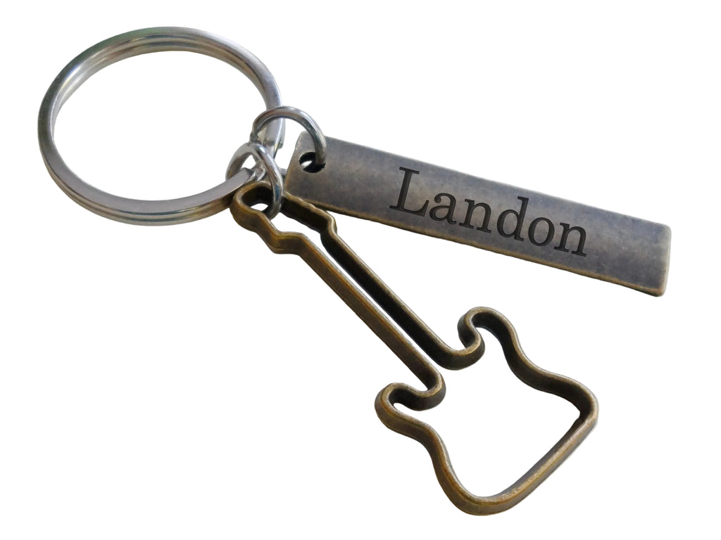 Bronze Guitar Keychain with Custom Engraved Tag for Player by JewelryEveryday