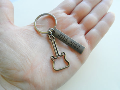 Bronze Guitar Keychain with Custom Engraved Tag for Player by JewelryEveryday