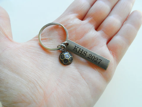 Bronze Soccer Ball Charm Keychain and Custom Engraved Tag - Soccer Player or Coach Key Chain by JewelryEveryday