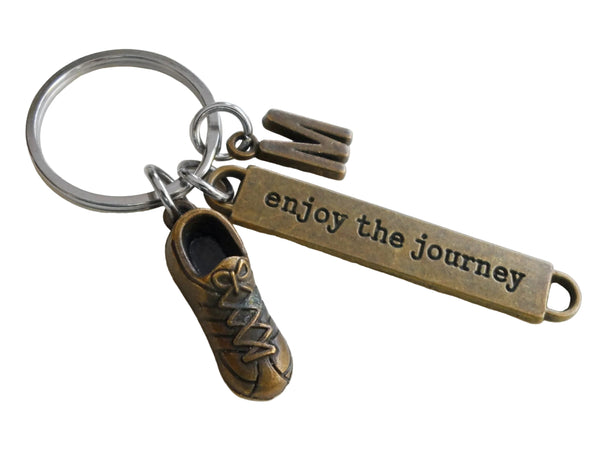 Track or Cross Country Runner Keychain with Bronze Running Shoe Charm, Enjoy the Journey Tag & Initial, Fitness Encouragement Keychain by JewelryEveryday
