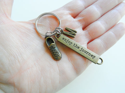 Track or Cross Country Runner Keychain with Bronze Running Shoe Charm, Enjoy the Journey Tag & Initial, Fitness Encouragement Keychain by JewelryEveryday
