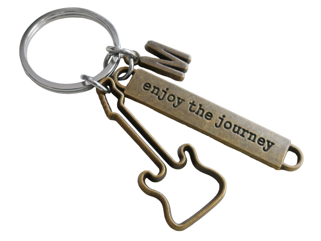 Bronze Guitar Charm Keychain with "Enjoy the Journey" Tag & Custom Initial Charm, Musician or Music Teacher Keychain by JewelryEveryday