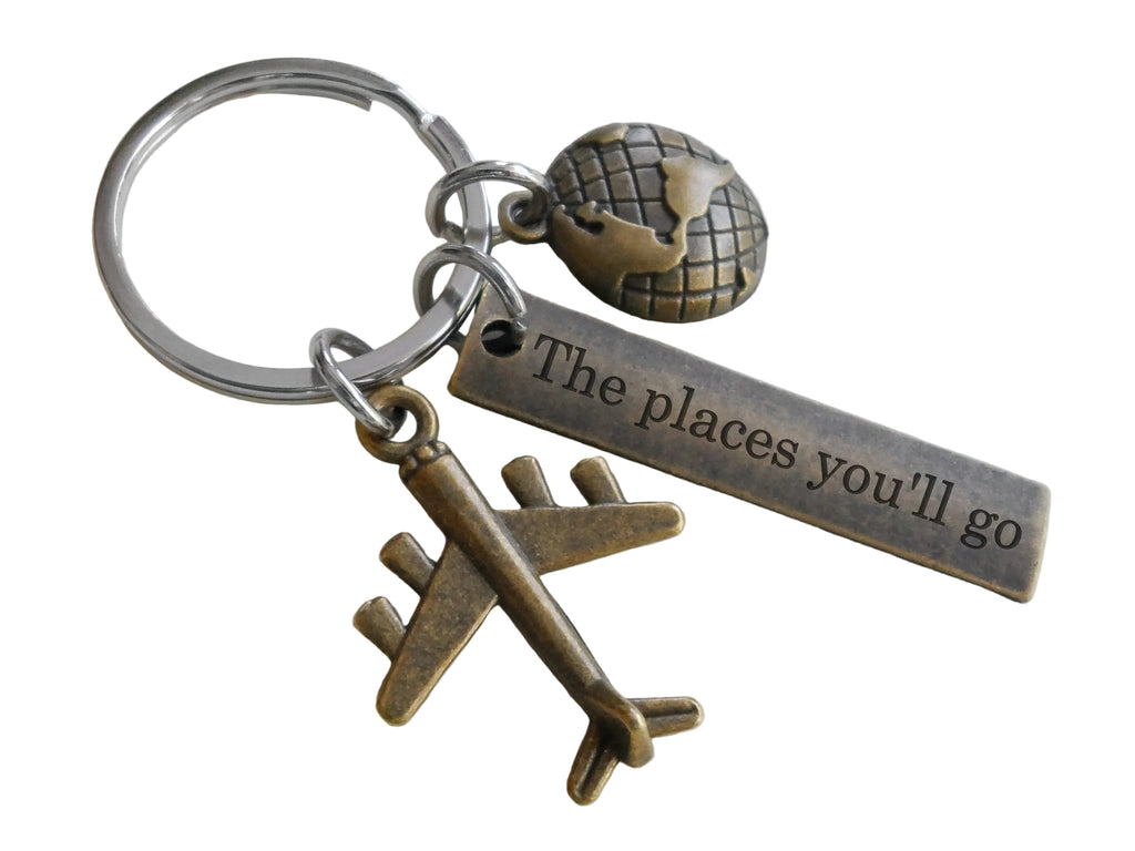 Bronze Airplane & Globe Charm Keychain with "The Places You'll Go" Engraved Tag, Encouragement Keychain by JewelryEveryday