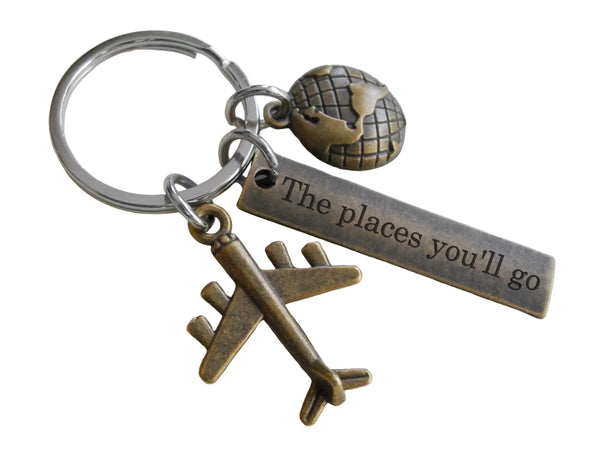 Bronze Airplane & Globe Charm Keychain with "The Places You'll Go" Engraved Tag, Encouragement Keychain by JewelryEveryday