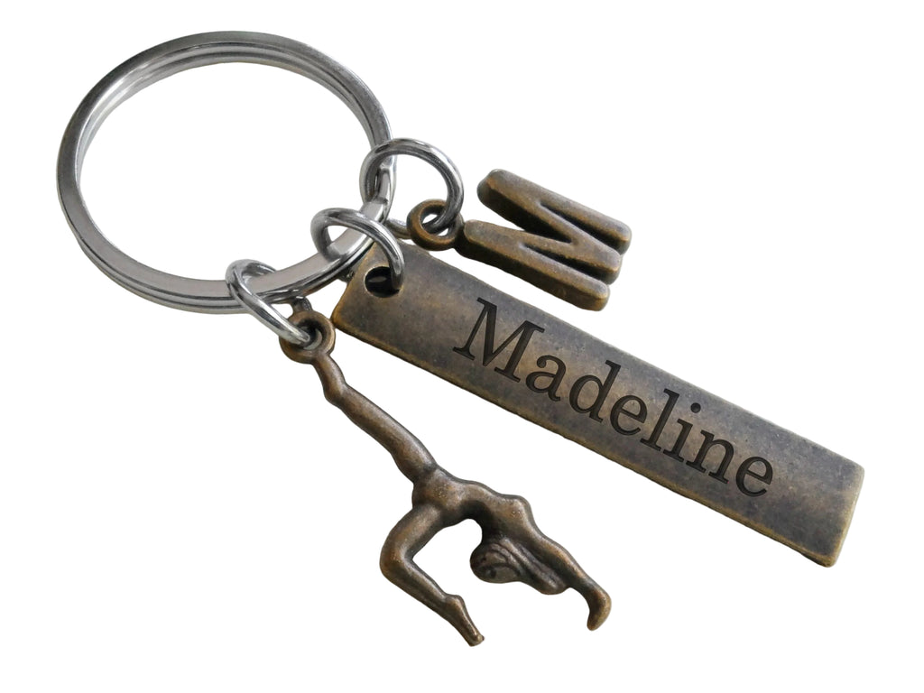 Bronze Gymnast Charm Keychain with Custom Engraved Tag & Initial Charm, Gymnastics Student or Coach Keychain by JewelryEveryday
