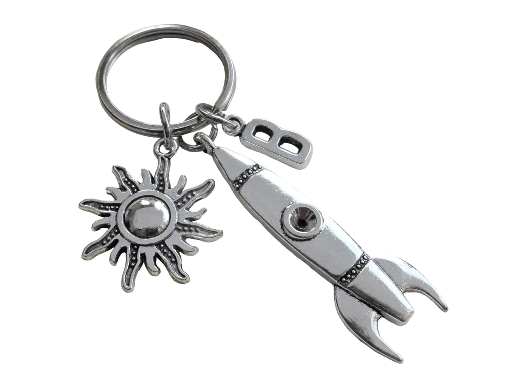 Rocket Ship Charm Keychain with Sun Charm & Initial Charm by JewelryEveryday