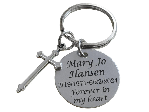 Memorial Keychain with Cross Charm and Custom Engraved Disc