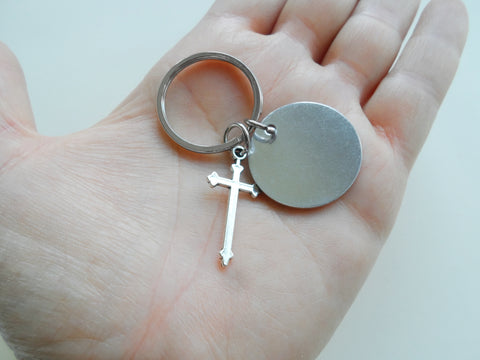 Memorial Keychain with Cross Charm and Custom Engraved Disc