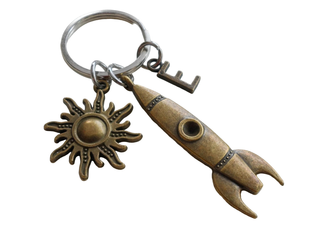 Bronze Rocket Ship Charm Keychain with Sun Charm & Initial Charm by JewelryEveryday