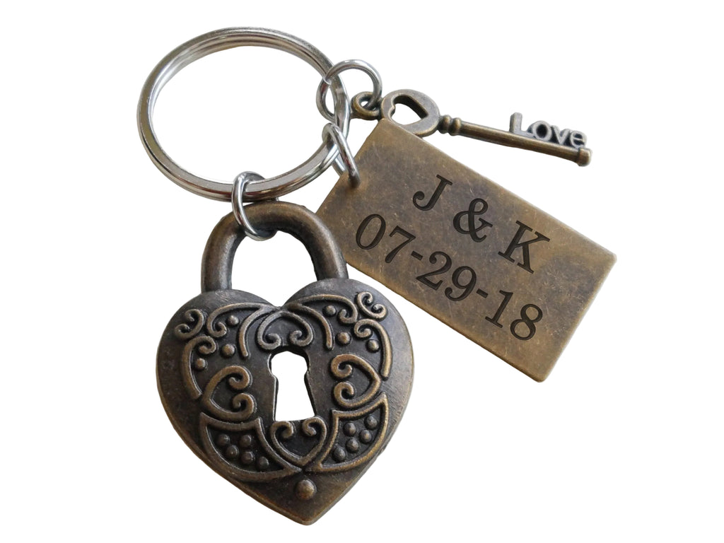 Bronze Heart Lock Charm Keychain with Love Key Charm and Custom Engraved Tag - Key To My Heart; Couples Keychain