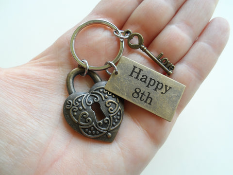 Bronze Heart Lock Charm Keychain with Love Key Charm and Custom Engraved Tag - Key To My Heart; Couples Keychain