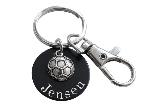 Soccer Ball Charm Keychain and Custom Engraved Aluminum Disc & Clasp - Soccer Player or Coach Key Chain