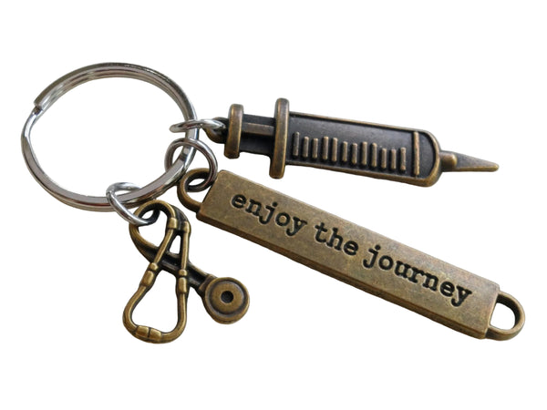 Bronze Syringe & Stethoscope Charm Keychain with Enjoy the Journey Tag, Gift for Nurse, Hospital Staff, Medical Team