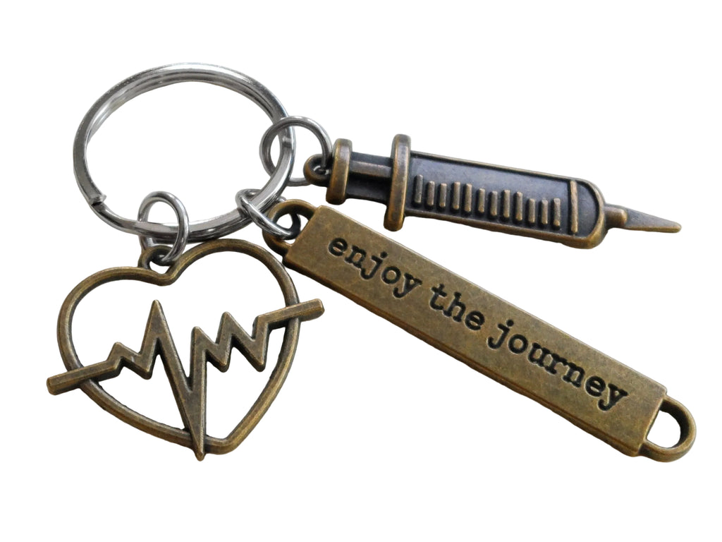 Bronze Syringe & Heart Beat Charm Keychain with Enjoy the Journey Tag, Gift for Nurse, Hospital Staff, Medical Team