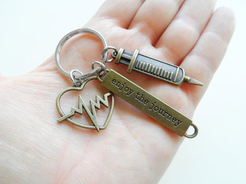 Bronze Syringe & Heart Beat Charm Keychain with Enjoy the Journey Tag, Gift for Nurse, Hospital Staff, Medical Team
