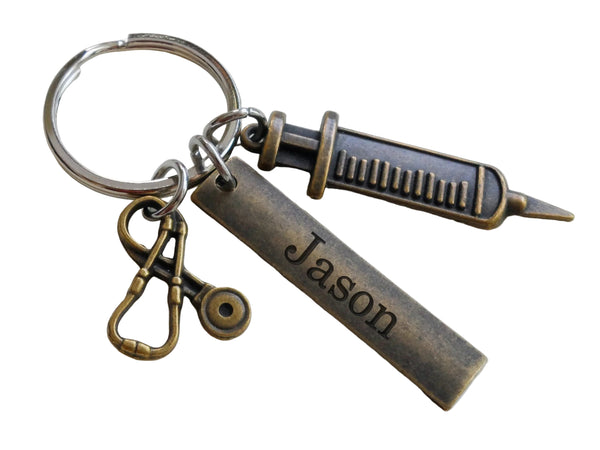 Medical Charm Keychain with Bronze Syringe & Stethoscope Charm with Custom Engraved Tag; For Medical Professional or Student