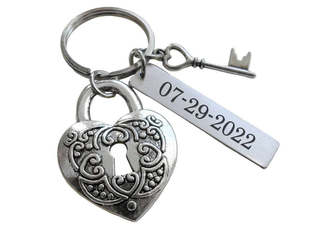 Heart Lock Charm Keychain with Heart Key Charm and Custom Engraved Tag - With Card Key To My Heart; Couples Keychain