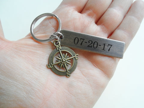 Antiqued Bronze Tag Keychain with Custom Engraving & Compass Charm, Couples Keychain