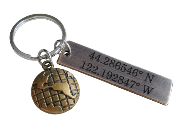 Antiqued Bronze Tag Keychain with Custom Engraving & Globe Charm, Couples Keychain