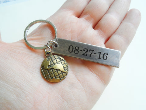 Antiqued Bronze Tag Keychain with Custom Engraving & Globe Charm, Couples Keychain