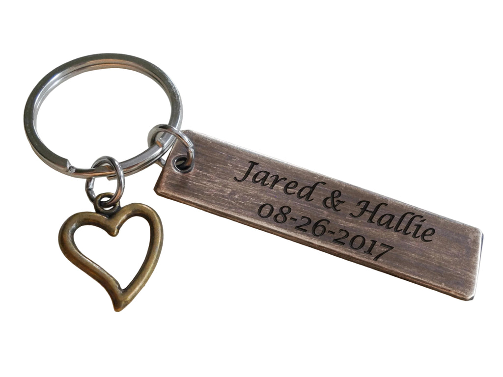 Antiqued Bronze Tag Keychain with Custom Engraving & Heart Charm, Couples Keychain