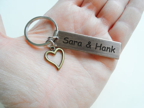Antiqued Bronze Tag Keychain with Custom Engraving & Heart Charm, Couples Keychain