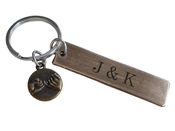 Antiqued Bronze Tag Keychain with Custom Engraving & Pinky Promise Charm, Couples Keychain