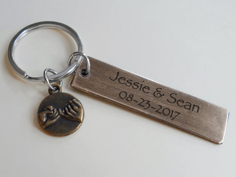 Antiqued Bronze Tag Keychain with Custom Engraving & Pinky Promise Charm, Couples Keychain