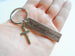 Antiqued Bronze Tag Keychain with "He Will Never Leave You" Engraving & Cross Charm