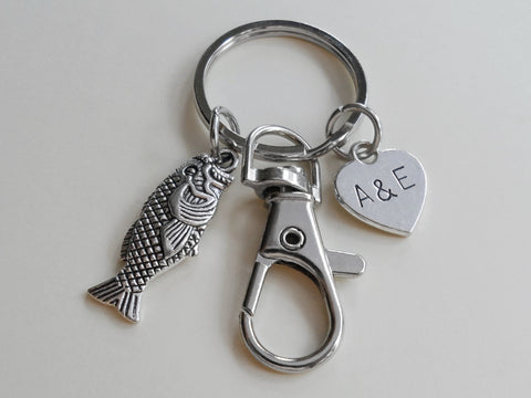 Silver Bass Fish Keychain with Clasp and Custom Engraved Tag, with Card "You Are A Great Catch"