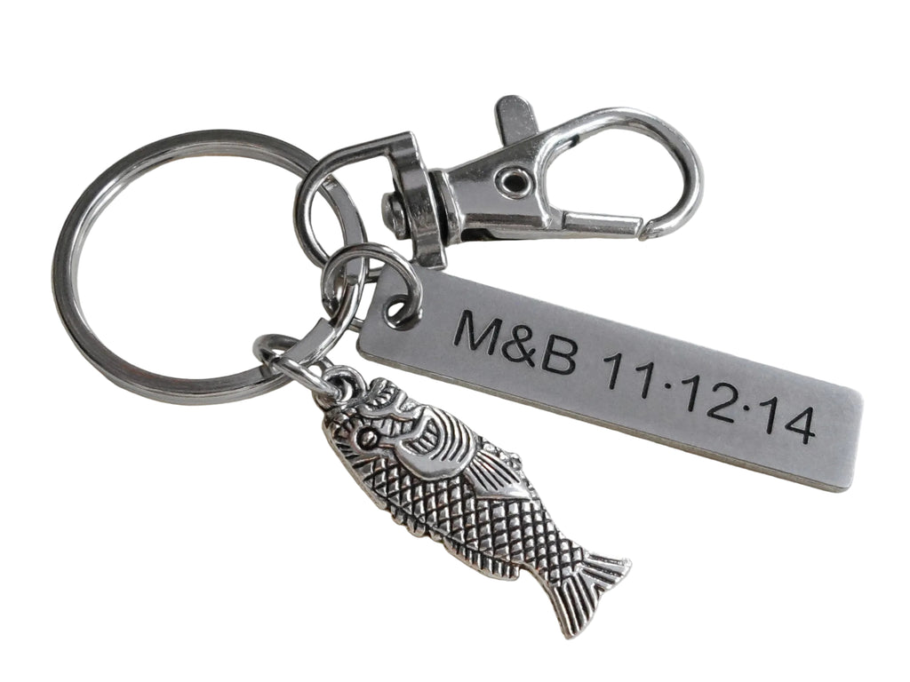 Silver Bass Fish Keychain with Clasp and Custom Engraved Steel Tag, with Card "You Are A Great Catch"