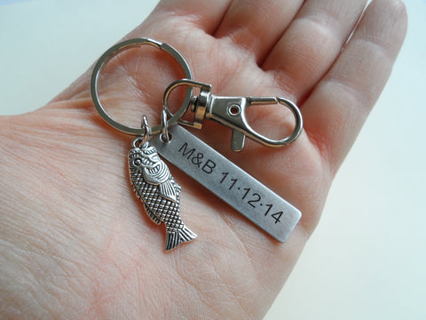 Silver Bass Fish Keychain with Clasp and Custom Engraved Steel Tag, with Card "You Are A Great Catch"