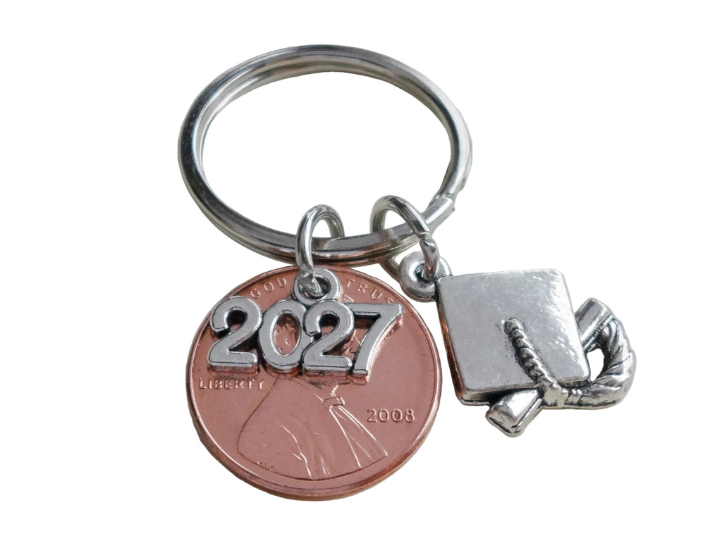 2025 or 2026 Charm Layered Over 2025 Penny Keychain, with Cap and Diploma Charm by Jewelry Everyday
