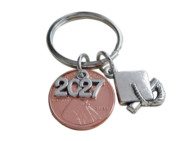 Graduation Penny Keychain with Year Charm Over Penny & Graduate Cap Charm