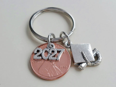 Graduation Penny Keychain with Year Charm Over Penny & Graduate Cap Charm