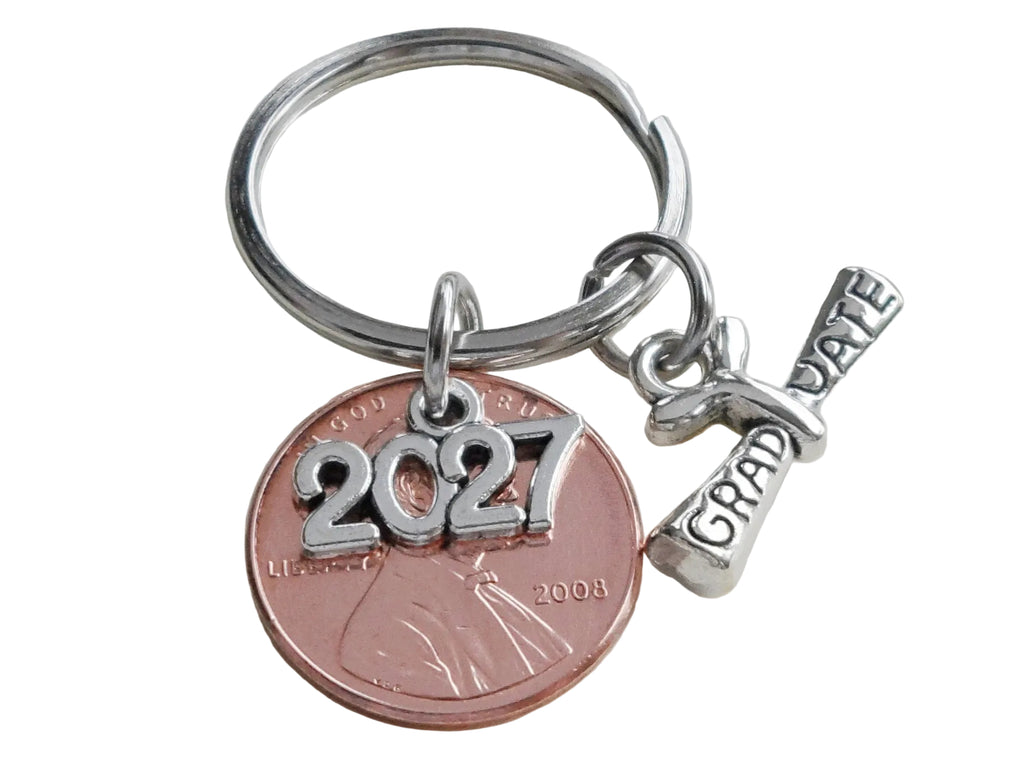 2025 or 2026 Charm Layered Over 2025 Penny Keychain, with Graduate Scroll Charm - Good Luck to the New Graduate by Jewelry Everyday