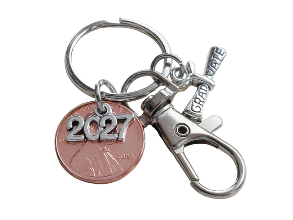 Graduation Penny Keychain with Year Charm Over Penny, Graduate Scroll Charm & Swivel Clasp by Jewelry Everyday